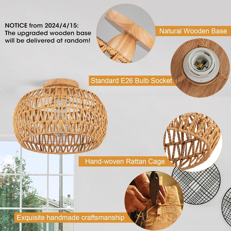OCWHT Boho Ceiling Light Fixtures Rattan Chandelier Bedroom Light Small Rattan Flush Mount Ceiling Light Hand-Woven Chandelier for Nursery Light Kitchen Farmhouse Chandeliers - Image 4